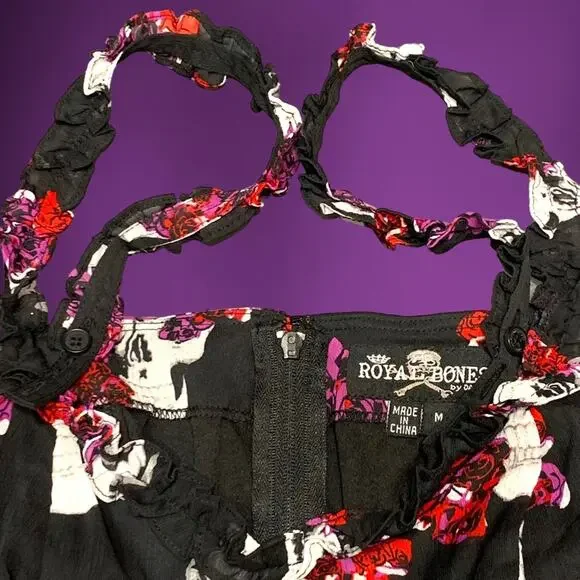 WhimsyGoth Dress Royal Bones by Daang Skull Print Sz Medium Black Chiffon - Picture 12 of 16